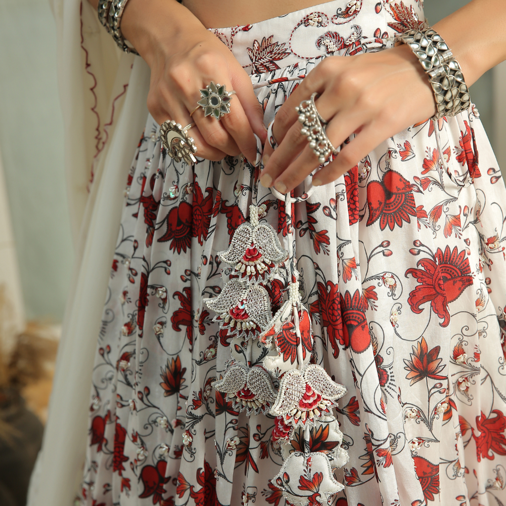 white and red floral skirt