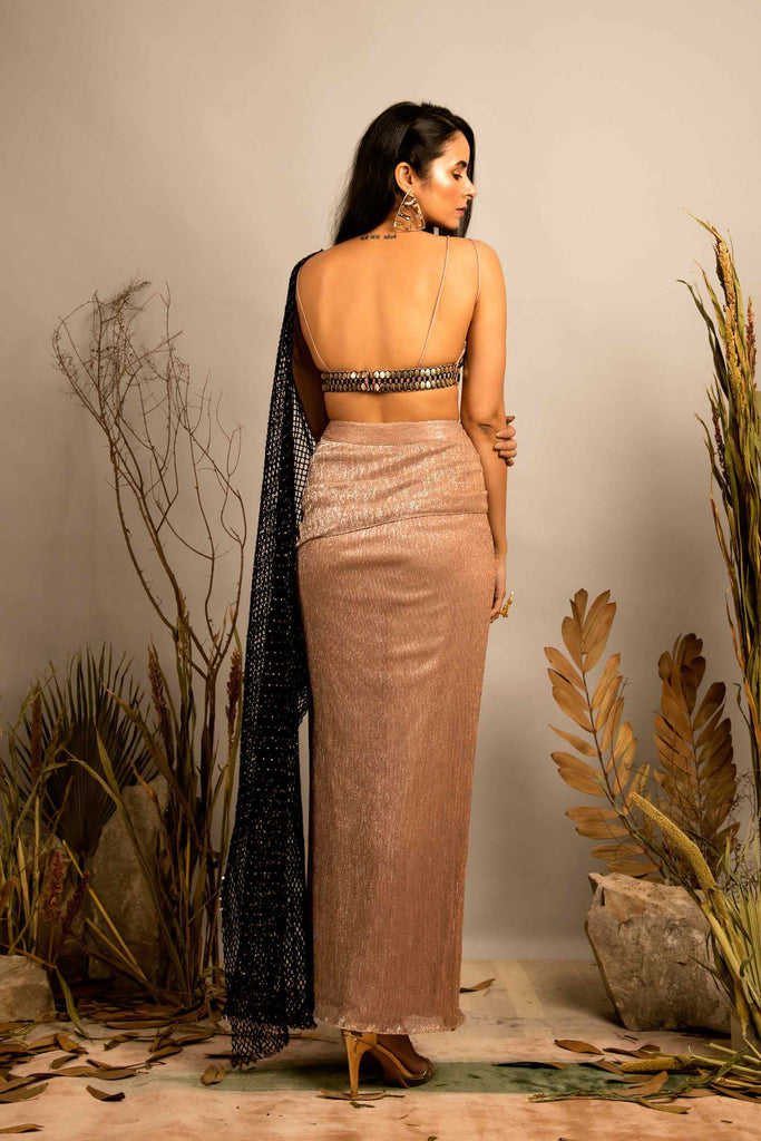 SHIMMER DIAMOND EMBELISSHED PRE DRAPED SAREE WITH LEATHER WORK BLOUSE