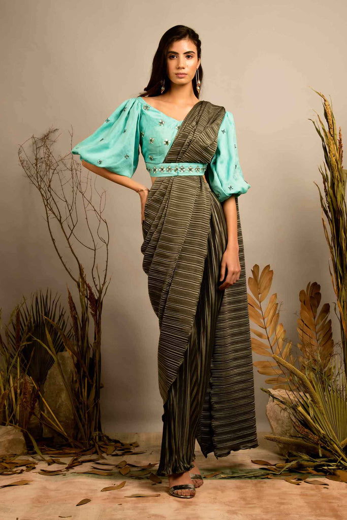 CHIVE PLEATED PRE DRAPED SAREE WITH STATEMENT BLOUSE