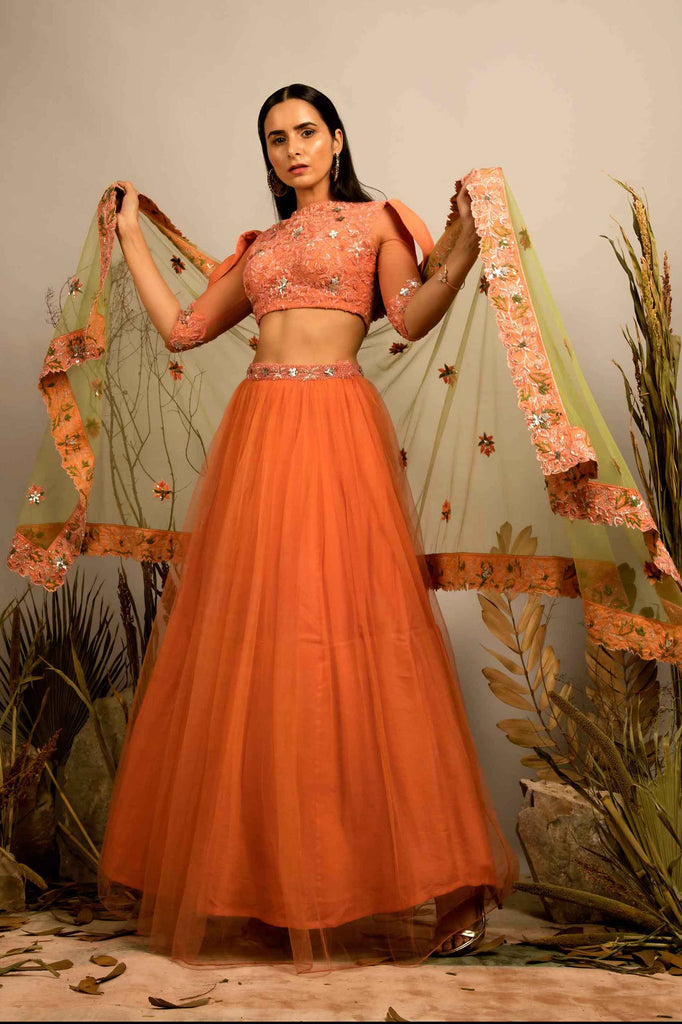 DETAILED HANDEMBROIDERED BLOUSE WITH LEHENGA AND CUTWORK BORDER DUPATTA