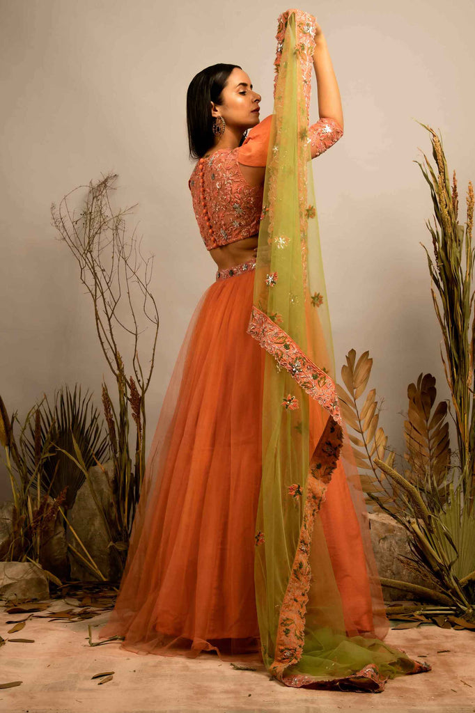 DETAILED HANDEMBROIDERED BLOUSE WITH LEHENGA AND CUTWORK BORDER DUPATTA