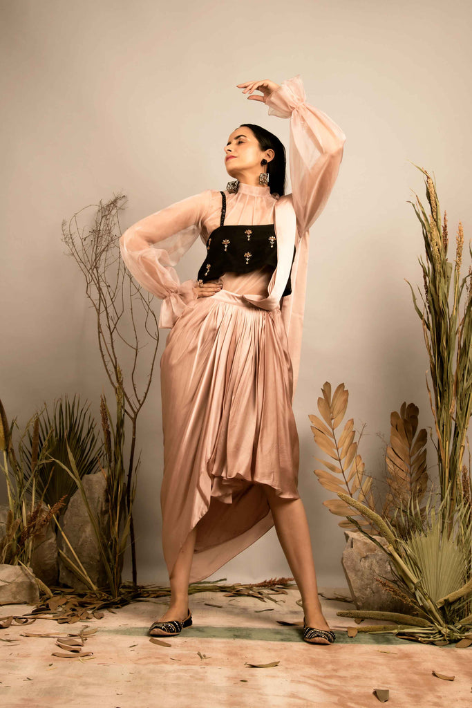 COWL SKIRT WITH ATTACHED PLEATED DUPATTA PAIRED UP WITH ORGANZA SHIRT AND CHOLI