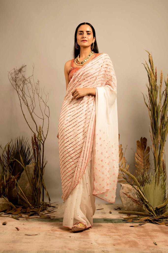 FLORAL EMBELLISHED SAREE WITH MIRROR CUTWORK BLOUSE