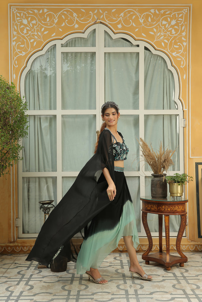 OCEAN EMBELLISHED BLACK BEAUTY BLOUSE WITH ORGANZA CAPE AND SHADED COWL SKIRT