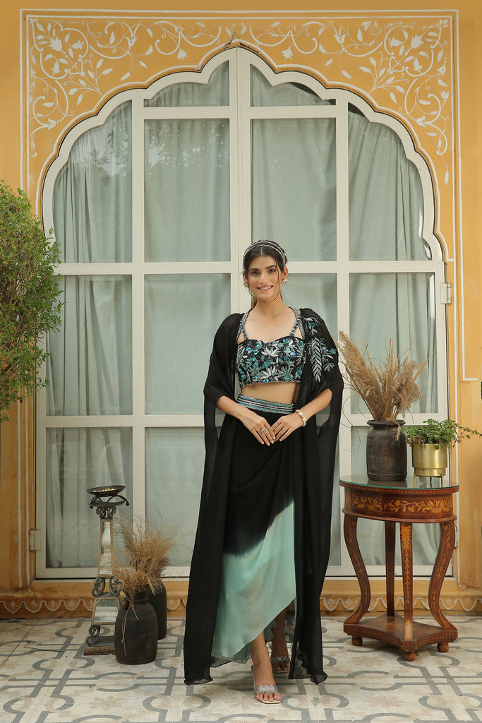 OCEAN EMBELLISHED BLACK BEAUTY BLOUSE WITH ORGANZA CAPE AND SHADED COWL SKIRT