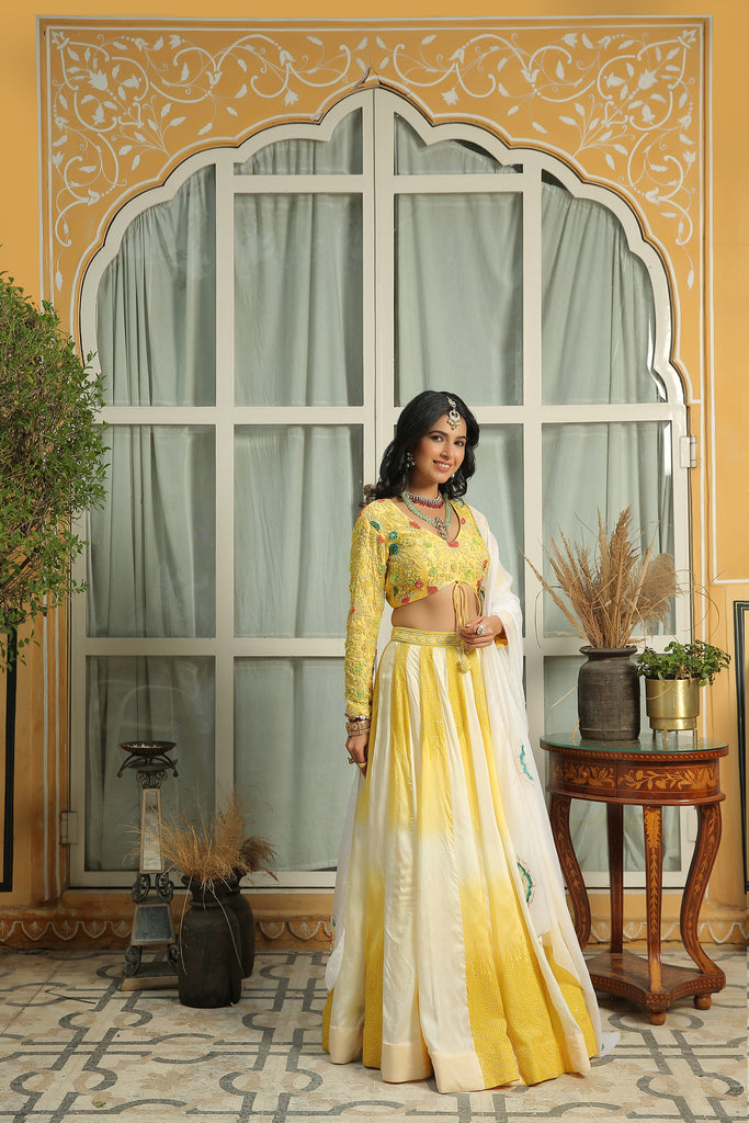 DAFFODIL YELLOW HEAVY HAND EMBROIDERED FULL SLEEVES BLOUSE WITH OMBRÌö EMBELLISED LEHENGA SET