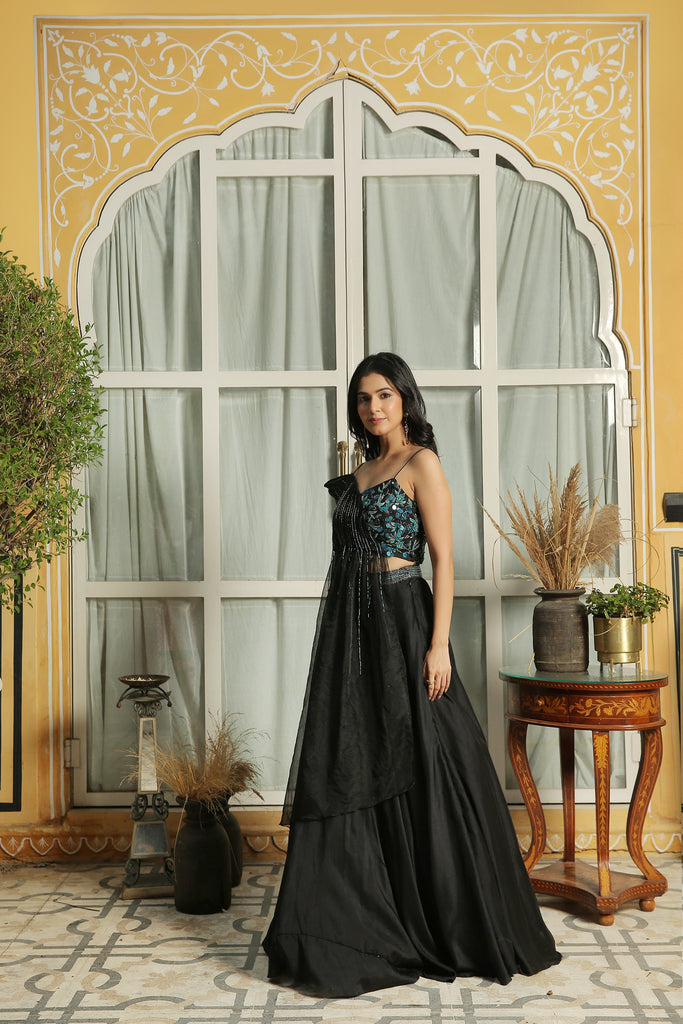 BLACK BEAUTY OCEAN WORK EMBELLISHED BLOUSE WITH ATTACHED STATEMENT DUPATTA LEHENGA SET