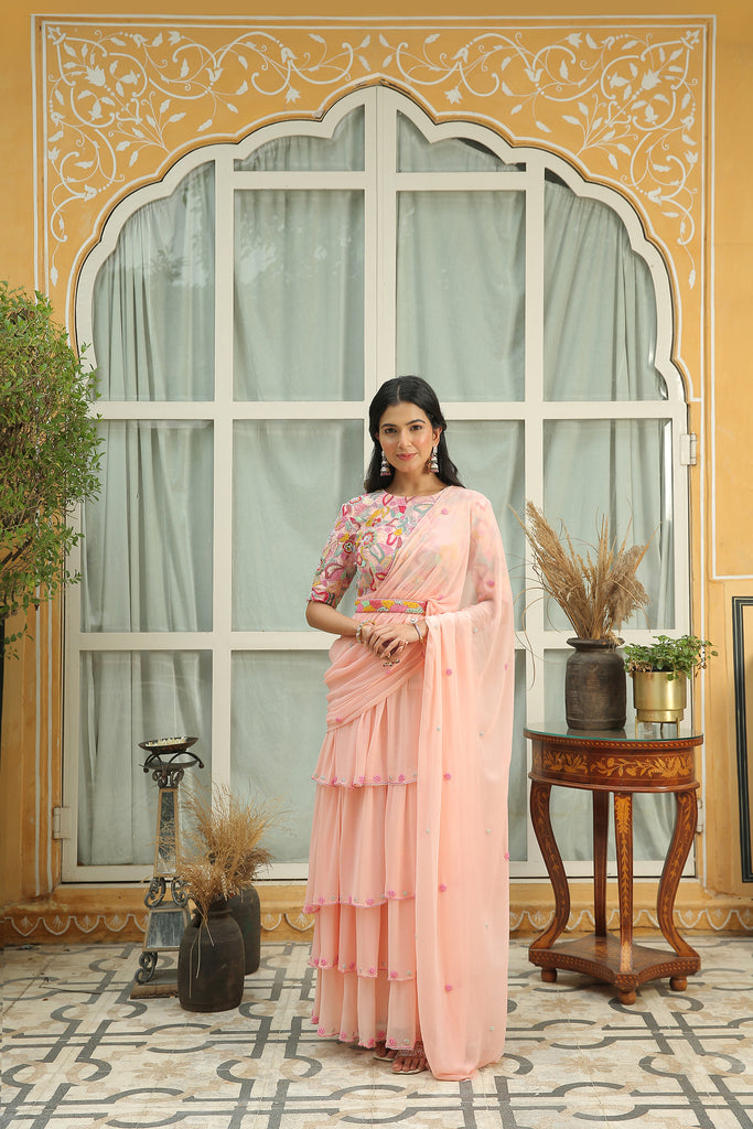 CLOSE NECK ROSE WATER CANDY EMBELLISHED SAREE DRESS WITH BELT