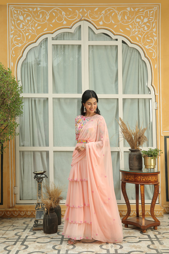 CLOSE NECK ROSE WATER CANDY EMBELLISHED SAREE DRESS WITH BELT