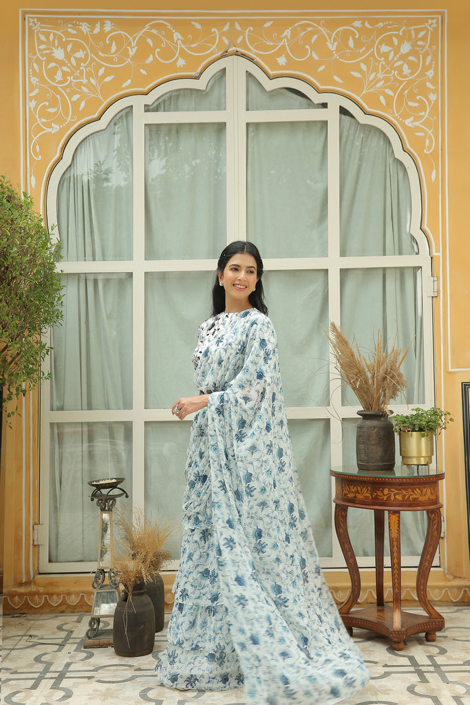 BLUE FLORAL PRINT CLOSE NECK EMBELLISHED BLOUSEåÊ WITH LAYERED PRE DRAPED SAREE AND STATEMENT BELT