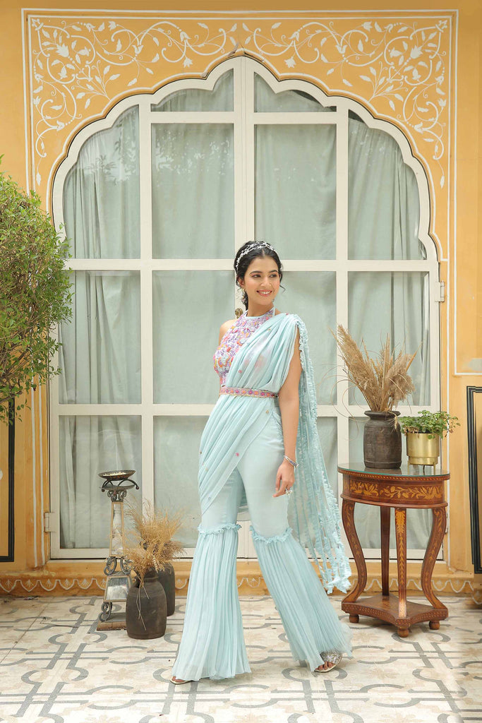 BABY BLUE CANDY EMBROIDERED HALTER NECK BLOUSE WITH ATTACHED STATEMENT FRILL DUPATTA SHARARA SET