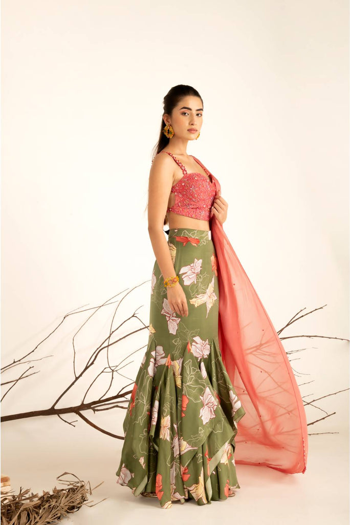 SUN KISSED CORAL BUSTIER WITH FLORAL FISHCUT LEHENGA SET