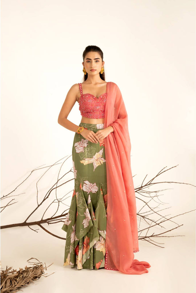 SUN KISSED CORAL BUSTIER WITH FLORAL FISHCUT LEHENGA SET
