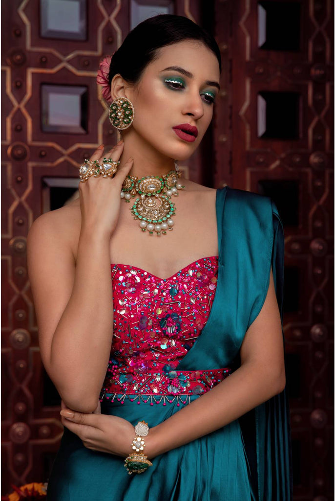 CRYSTAL TEAL FRONT SLIT SAREE WITH BLOUSE