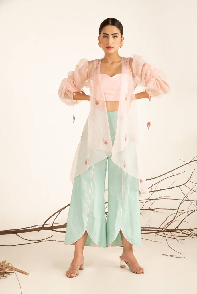 ORGANZA EMBELLISHED JACKET WITH BLOUSE AND HIGH LOW PANTS
