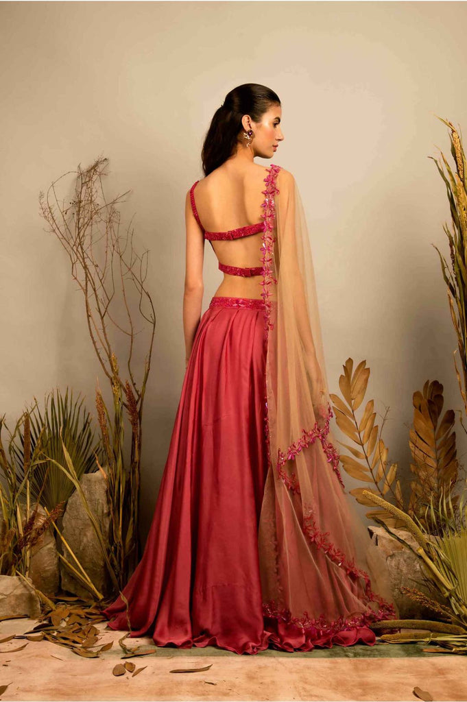 CASSIS PINK HAND EMBROIDERED BUSTIER WITH LEHENGA AND CUTWORK DUPATTA
