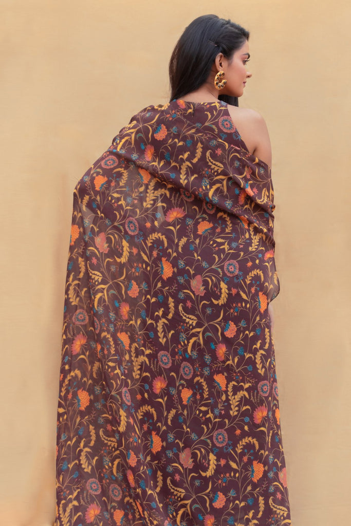BURNT BRICK EMBROIDERED HIGH NECK COWL DRESS WITH CAPE