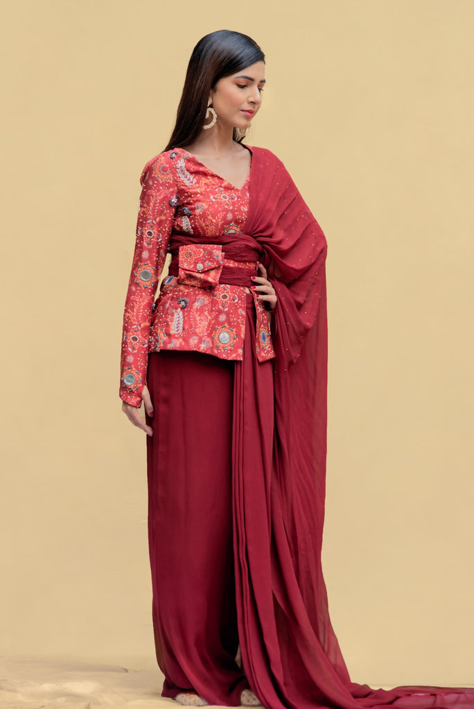 RED ALERT EMBROIDERED JACKET BLOUSE WITH PRE-DRAPED SAREE WITH DETACHABLE PALLA AND BUM BAG