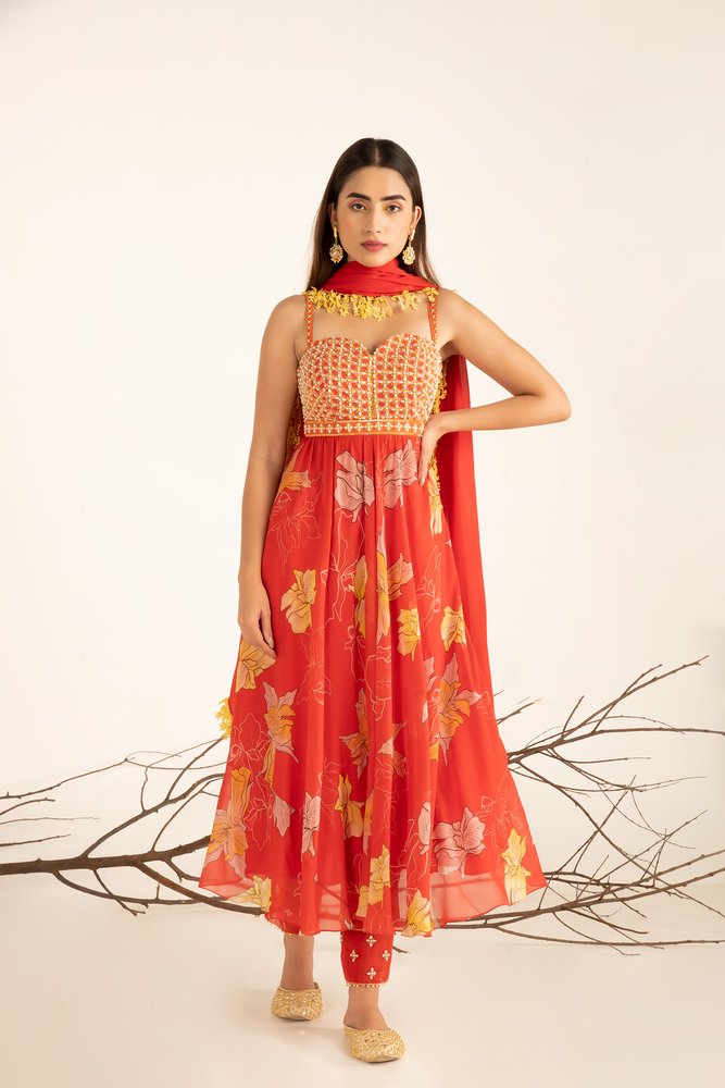 Fiery Red Pearl Embellished Anarkali Suit Set