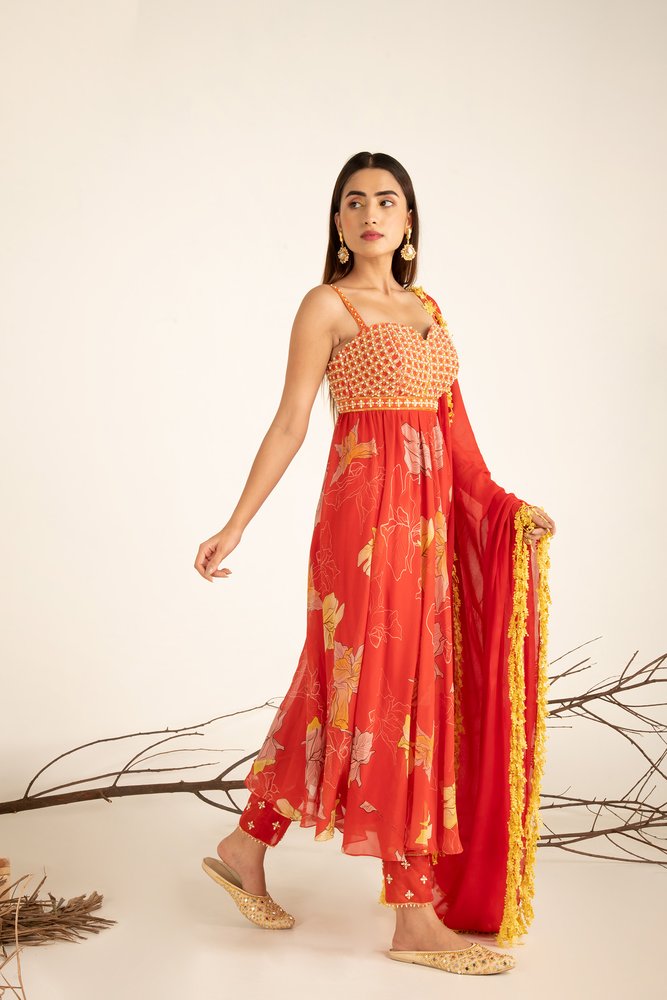 Fiery Red Pearl Embellished Anarkali Suit Set
